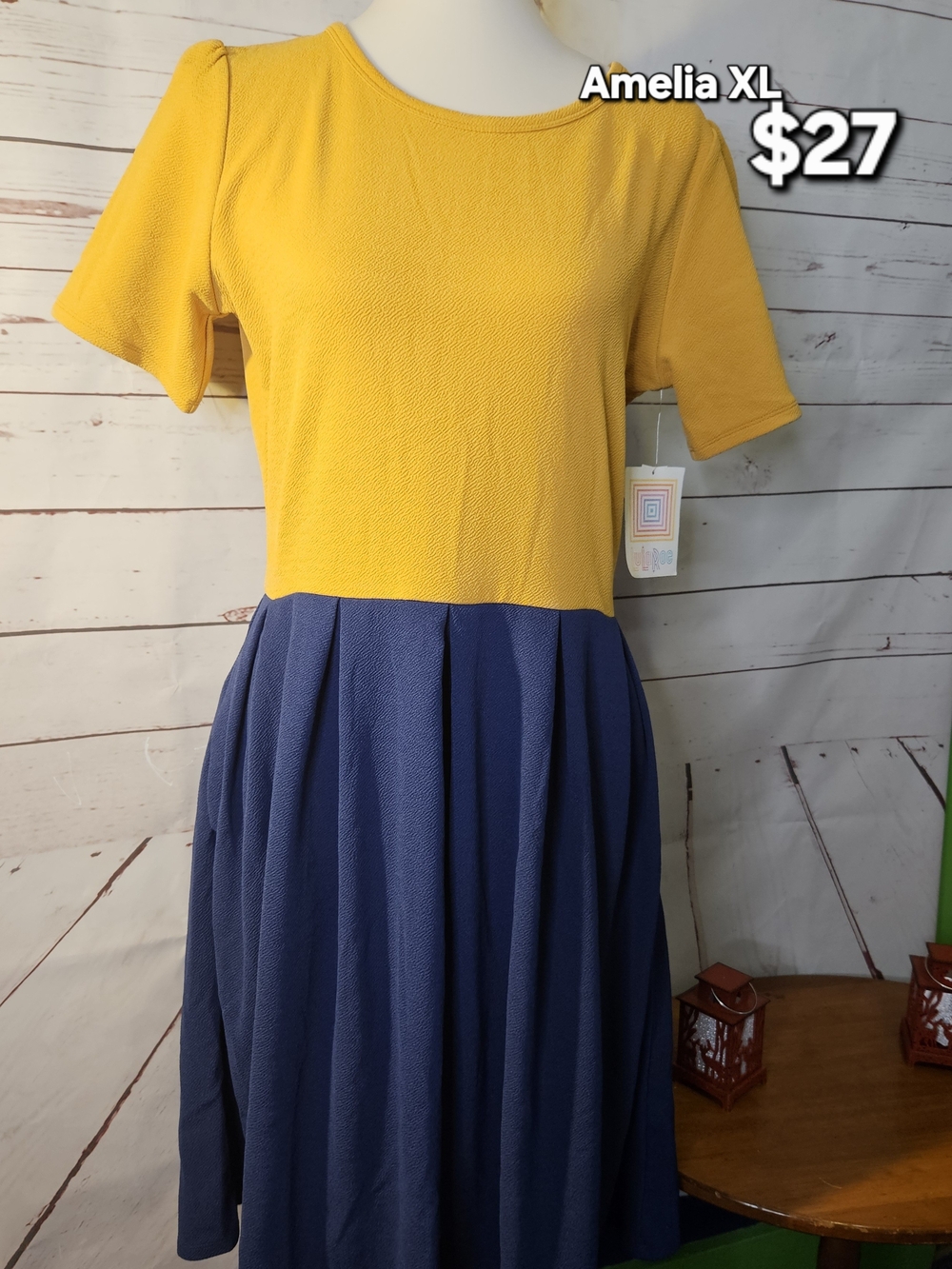 LuLaRoe Amelia Dress in Yellow and Blue